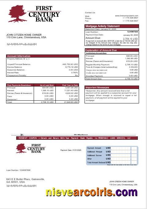 USA Georgian Gainesville First Century bank mortgage statement